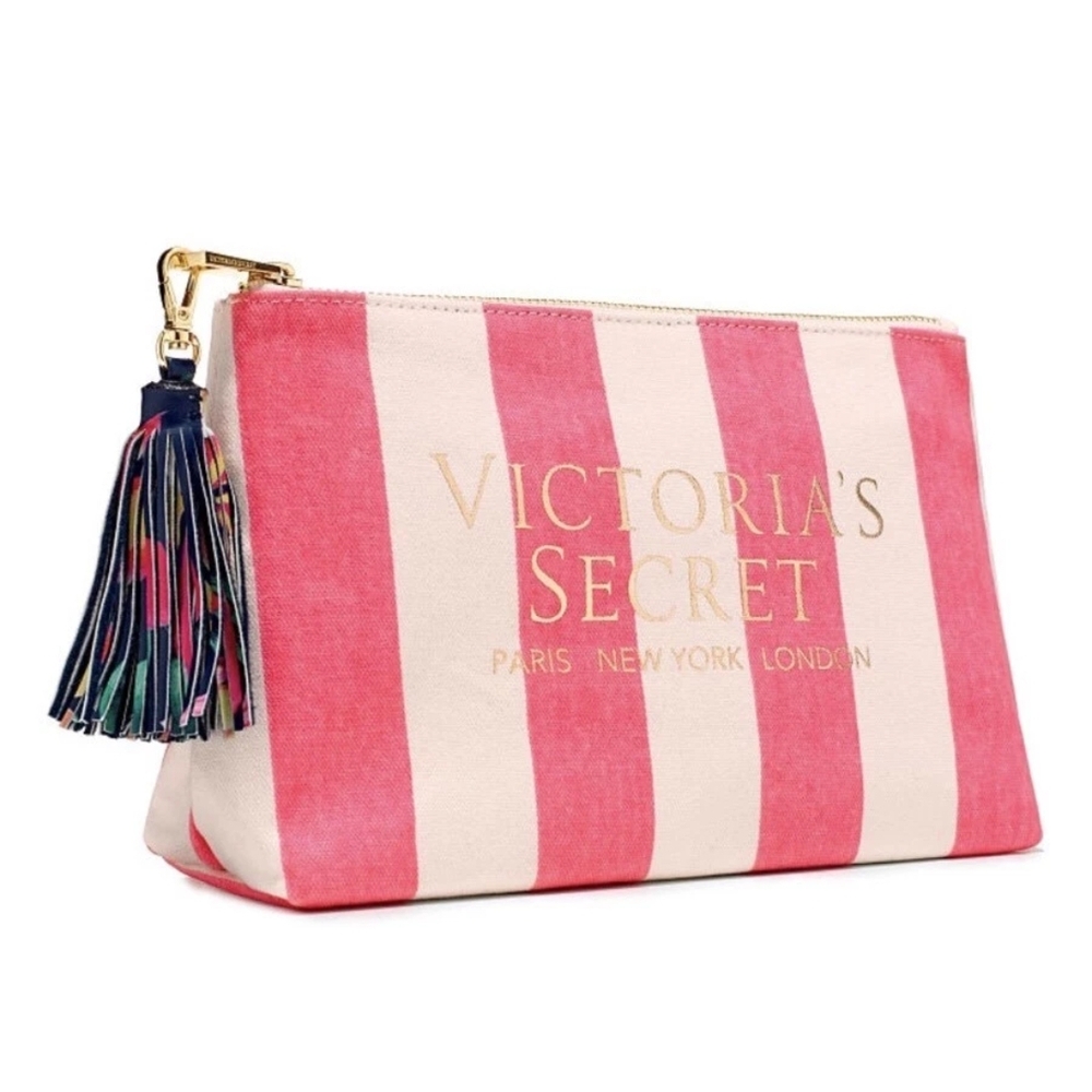 Victoria's Secret Bold Pink and Cream Striped Cosmetic Bag